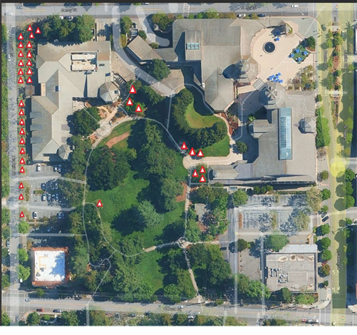Map of the 35 sycamore trees marked for removal near the Library and Pioneer Park
